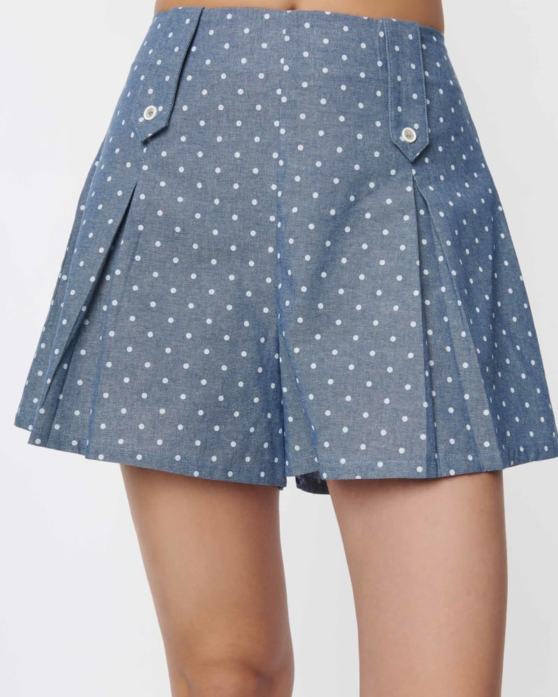 Front of a model wearing a size XL Smak Parlour Chambray & White Polka Dot Box Pleated Shorts in Blue, Polka Dot by Smak Parlour. | dia_product_style_image_id:310010